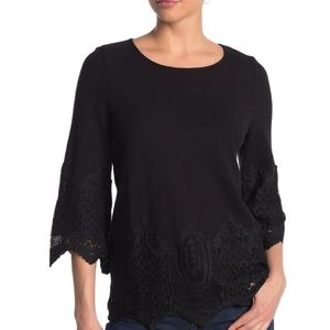 Adrianna Papell Top Womens M Black Gauxy Crepe Crochet Trim Blouse‎ New